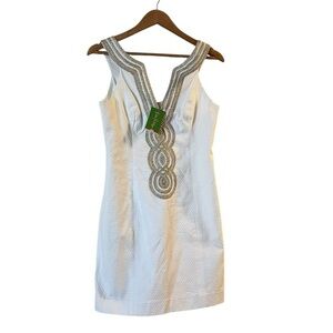 NWT LILLY PULITZER Valli Cotton Shift Dress, Resort White, Gold & Silver Trim, 4